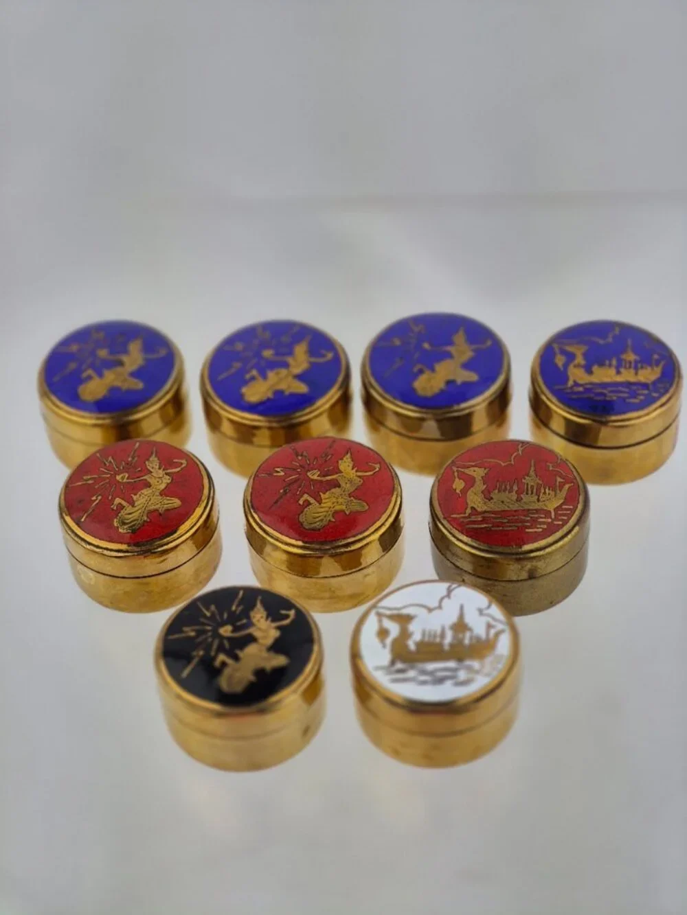 Vintage Brass Enamel Top Pill Box Thai Dancer Thai Royal Barge Lot of 9